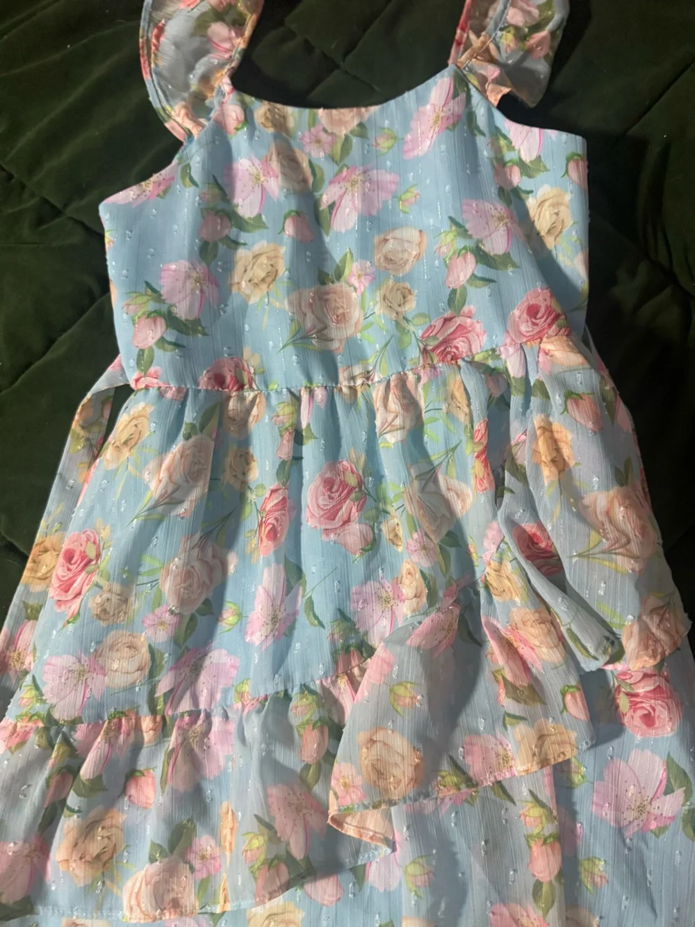 Angels Light Blue Floral Dress with Pink and Cream Roses